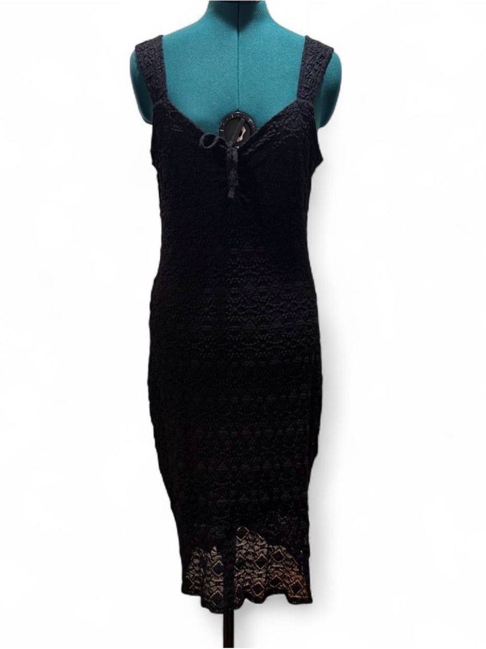 Derek Heart Black Lace Midi Dress with Bow Neckline